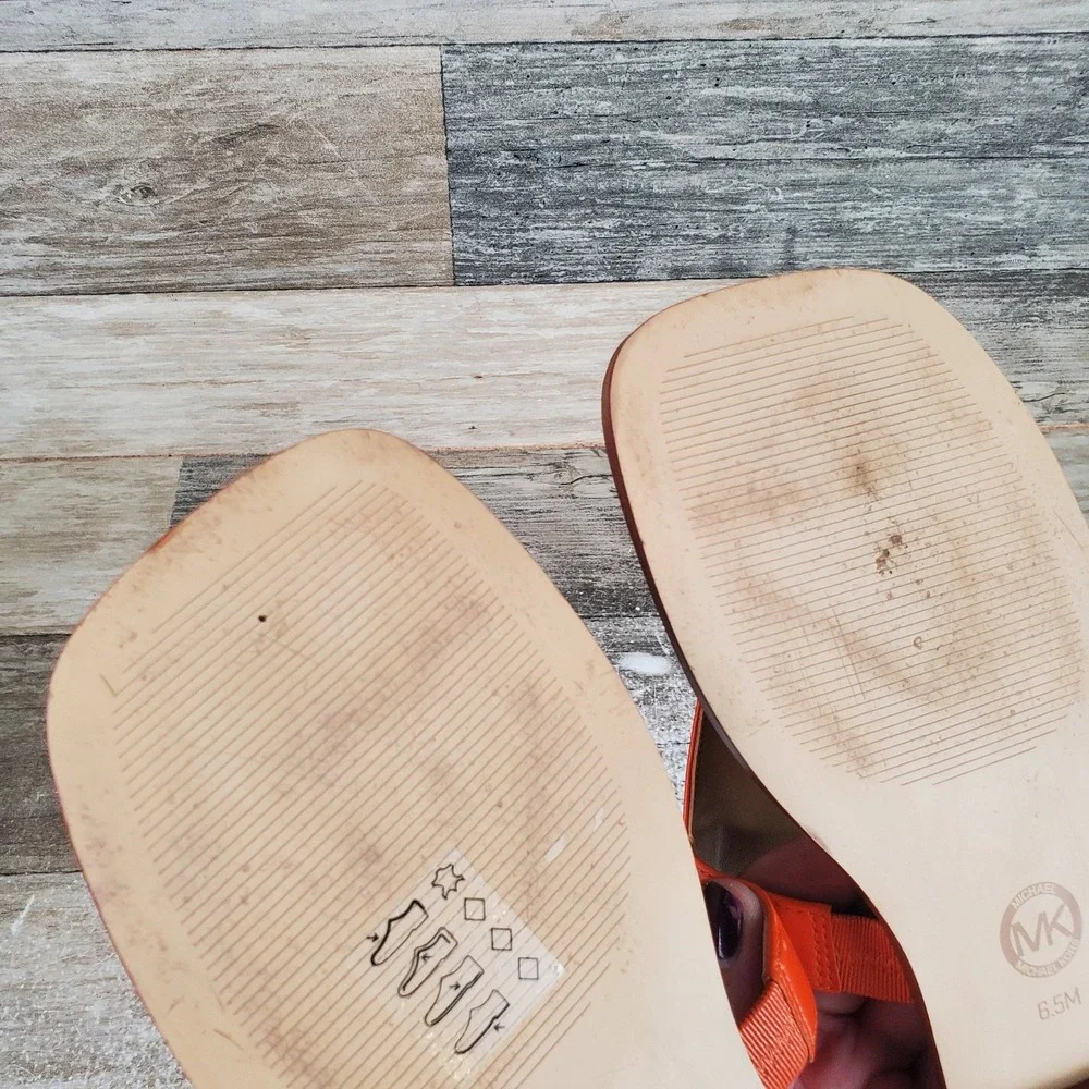 Michael Kors Lena Womens T-Strap Sandal Sz 6.5 M Orange Leather Slip On Open Toe